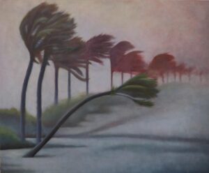 Oil painting of palm trees in a hurricane.